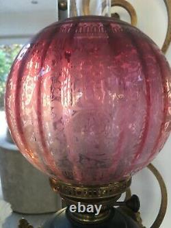 Victorian deep cranberry wrythen round acid etched oil lamp shade