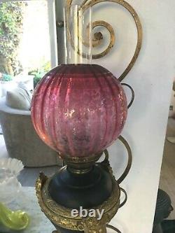 Victorian deep cranberry wrythen round acid etched oil lamp shade