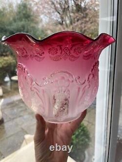 Victorian embossed acid etched cranberry oil lamp shade