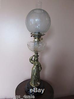 Victorian figural pillar brass cut glass oil lamp etched girl pictorial shade
