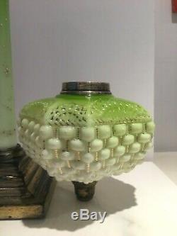 Victorian lime green basket weave oil lamp and matching base