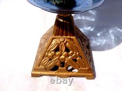 Victorian oil lamp blue glass reservoir, duplex wick burner, chimney & shade