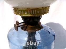 Victorian oil lamp blue glass reservoir, duplex wick burner, chimney & shade