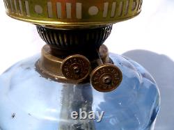 Victorian oil lamp blue glass reservoir, duplex wick burner, chimney & shade