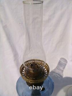 Victorian oil lamp blue glass reservoir, duplex wick burner, chimney & shade