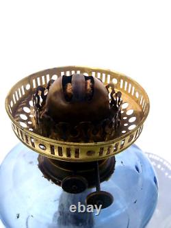 Victorian oil lamp blue glass reservoir, duplex wick burner, chimney & shade