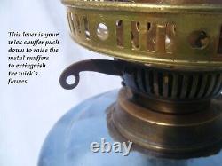 Victorian oil lamp blue glass reservoir, duplex wick burner, chimney & shade