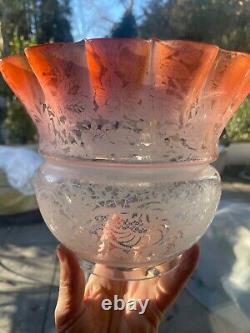 Victorian peach floral etched wavy top oil lamp shade