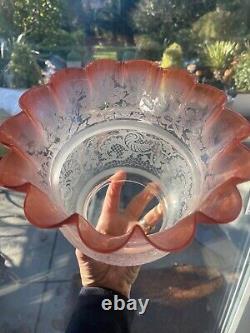 Victorian peach floral etched wavy top oil lamp shade