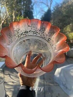 Victorian peach floral etched wavy top oil lamp shade