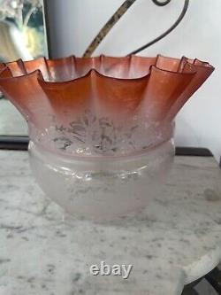 Victorian peach floral etched wavy top oil lamp shade