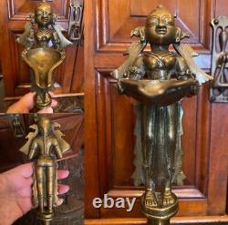 Victorian solid brass Lakshmi Indian deity /goddess of wealth oil lamp sculpture