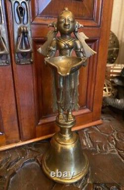 Victorian solid brass Lakshmi Indian deity /goddess of wealth oil lamp sculpture