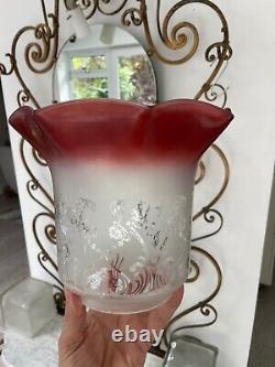 Victorian tulip acid etched cranberry oil lamp shade