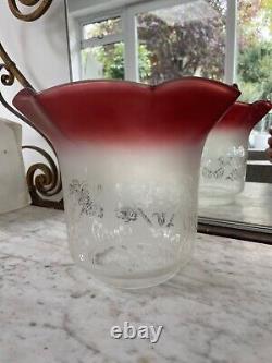 Victorian tulip acid etched cranberry oil lamp shade