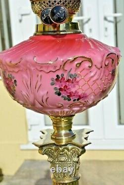 Victorian twin burner oil lamp Cranberry pink floral font no damage