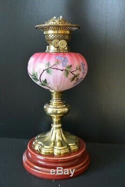 Victorian twin burner oil lamp. Pink floral font no damage