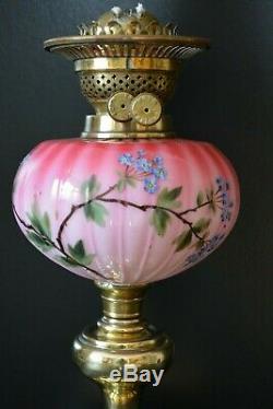 Victorian twin burner oil lamp. Pink floral font no damage