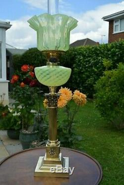 Victorian twin burner oil lamp. Vaseline font and shade all original