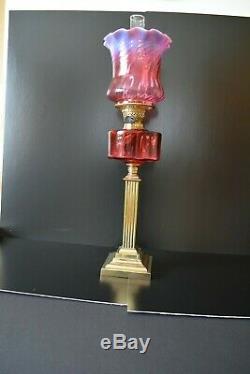 Victorian twin burner oil lamp cranberry font and shade