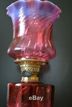 Victorian twin burner oil lamp cranberry font and shade