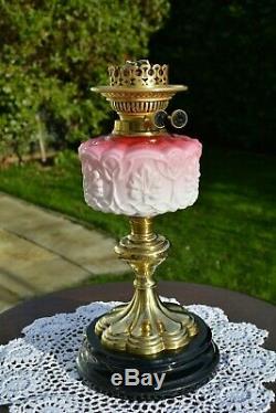 Victorian twin burner oil lamp pink font no damage