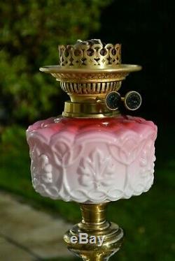 Victorian twin burner oil lamp pink font no damage