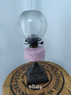 Victorian twin wick oil lamp pink glass with cast base etched glass shade YOUNGS