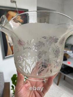 Victorian wavy top frosted acid etched cranberry flowers oil lamp shade