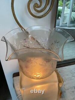 Victorian wavy top frosted acid etched cranberry flowers oil lamp shade