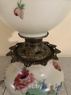 Vintage Antique 24 Hand Painted Glass Banquet GWTW Oil Kerosene Table Lamp