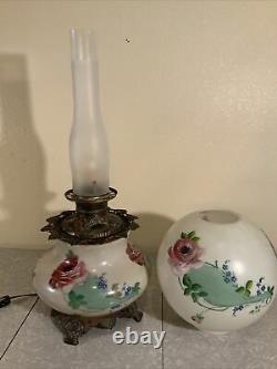 Vintage Antique 24 Hand Painted Glass Banquet GWTW Oil Kerosene Table Lamp