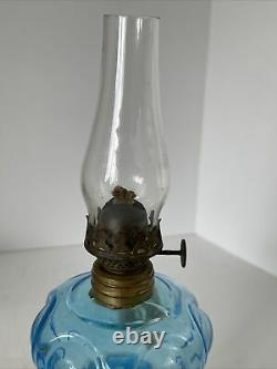 Vintage Antique Blue Glass Bullseye Daisy Miniature Oil Kerosene Hurricane Lamp