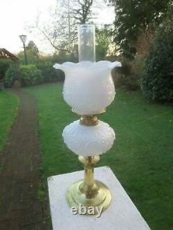 Vintage Antique Old Brass & Glass Oil Lamp With Chimney & White Shade