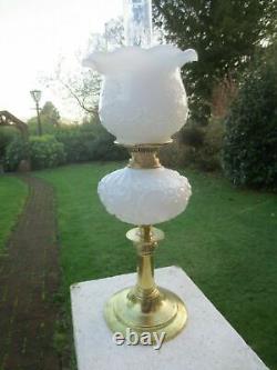 Vintage Antique Old Brass & Glass Oil Lamp With Chimney & White Shade