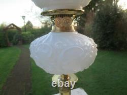 Vintage Antique Old Brass & Glass Oil Lamp With Chimney & White Shade