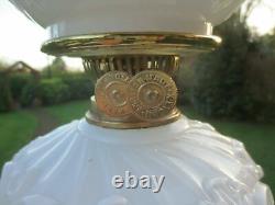 Vintage Antique Old Brass & Glass Oil Lamp With Chimney & White Shade