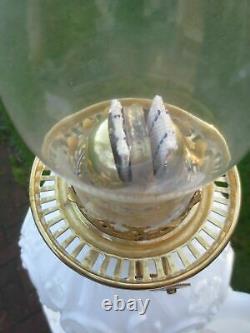 Vintage Antique Old Brass & Glass Oil Lamp With Chimney & White Shade