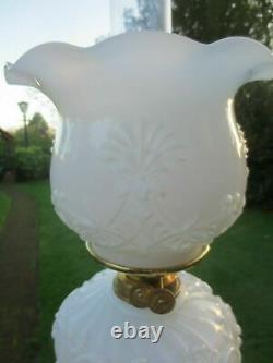 Vintage Antique Old Brass & Glass Oil Lamp With Chimney & White Shade