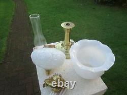 Vintage Antique Old Brass & Glass Oil Lamp With Chimney & White Shade