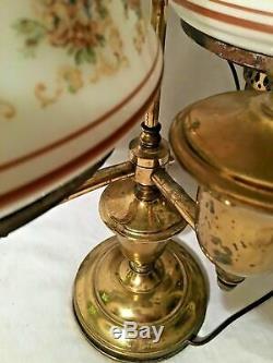 Vintage Antique Victorian Brass & Floral Double Student Oil Lamp Hurricane Glass