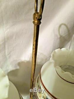 Vintage Antique Victorian Brass & Floral Double Student Oil Lamp Hurricane Glass
