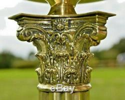 Vintage Brass Corinthian Column Oil Lamp. Clear Glass Shade. English Burner