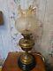 Vintage Brass Duplex Converted Oil Lamp Champagne Ruffle Edge Acid Etched Shade