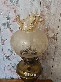 Vintage Brass Duplex Converted Oil Lamp Champagne Ruffle Edge Acid Etched Shade