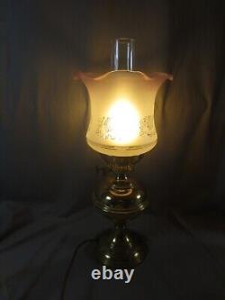 Vintage Brass Oil Lamp Style Electric Lamp Etched Shade Shepards Hut Lamp