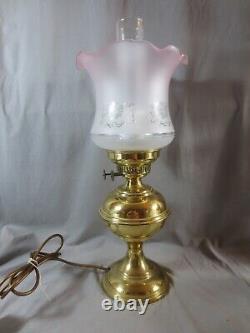 Vintage Brass Oil Lamp Style Electric Lamp Etched Shade Shepards Hut Lamp