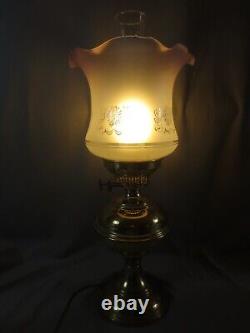 Vintage Brass Oil Lamp Style Electric Lamp Etched Shade Shepards Hut Lamp