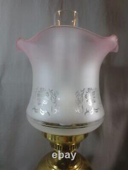 Vintage Brass Oil Lamp Style Electric Lamp Etched Shade Shepards Hut Lamp