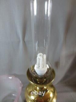 Vintage Brass Oil Lamp Style Electric Lamp Etched Shade Shepards Hut Lamp